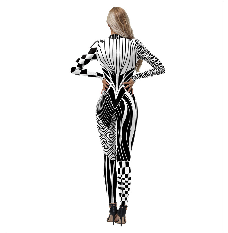 Women Long Sleeve Skinny Jumpsuit - Abstract Geometric Full Print Bodysuit